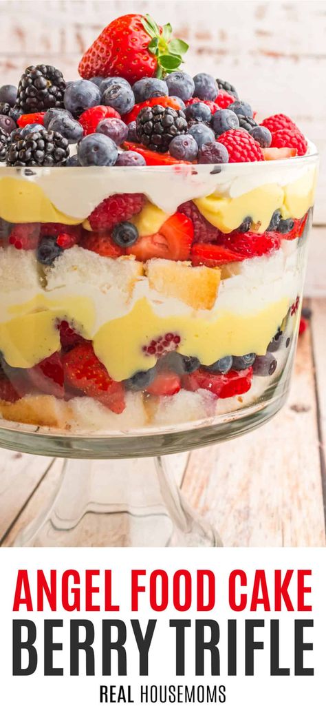 Angel Food Berry Cake, Triple Berry Angel Food Cake Roll Recipe, Angel Food Berry Trifle, Vanilla Pudding Trifle Desserts, 4th Of July Angel Food Cake, Angel Food Cake Berry Trifle, Triple Berry Trifle, Trifle Desserts With Angel Food Cake, Angel Food Cake Roll With Berries