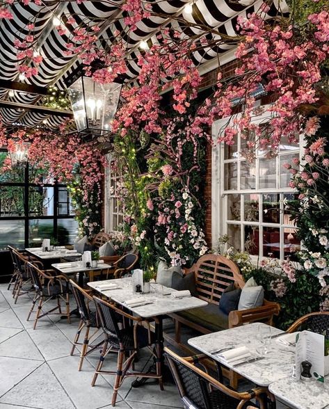 TOWN&COUNTRY on Instagram: “Black and white and pink all over. 🌺 #regram 📸: @bei.bei.wei at @dallowayterrace” Photowall Ideas, Bar Deco, Outdoor Restaurant Design, Magic Garden, Outdoor Cafe, French Cafe, Garden Cafe, Coffee Shop Design, Outdoor Restaurant