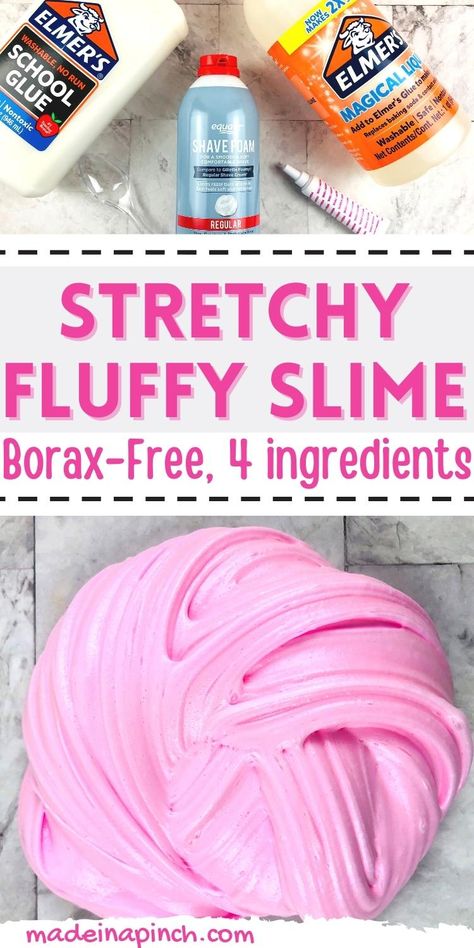 Make this homemade DIY fluffy slime recipe for your kids! It's a MUST-try homemade STEAM activity that kids absolutely love, and it makes the fluffiest, stretchiest slime ever without skin-irritating Borax! Kids will be entertained for hours with this easy, homemade, non-toxic fluffy slime! It's perfect for an indoor or rainy day activity! #slime Homemade Fluffy Slime, Non Messy Slime, Thick Slime Recipe, Diy Bouncy Balls With Borax And Glue, Fluffy Slime Recipe With Borax Easy, Non Toxic Slime Recipes Kids, Thick And Glossy Slime Recipe, Simple Slime Recipe Kids, Homemade Slime Recipe Easy