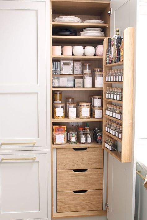 facing an organised pantry with the door open in a pale green kitchen Tiny Kitchen Pantry, Tiny Pantry Organization, Tiny Pantry Organization Ideas, Pantry Cupboard Designs, Small Pantry Closet, Tiny Pantry, Kitchen Pantry Cupboard, Open Pantry, House Pantry