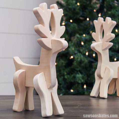 Transform scrap wood into a charming DIY tabletop reindeer with this easy tutorial. Perfect for the holidays and throughout the winter season. Woodworking Projects With Plans, Diy Woodworking Christmas Decorations, Christmas Crafts With Plywood, Easy Jigsaw Projects, Christmas Crafts From Scrap Wood, Woodwork Christmas Projects, Woodworking Patterns Free, 4x4 Christmas Wood Crafts Diy, Bandsaw Reindeer Pattern