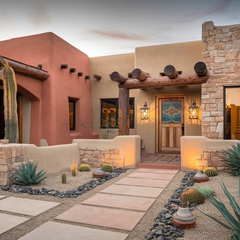 Southwestern-Style House 💖💖💖 Desert Adobe Homes, Southwest Modern Home, Pueblo Revival Architecture, New Mexico Aesthetic Home, Southwest Ranch House, Santa Fe Style Homes Exterior, Arizona House Exterior, Desert Ranch House, Pueblo Style Homes