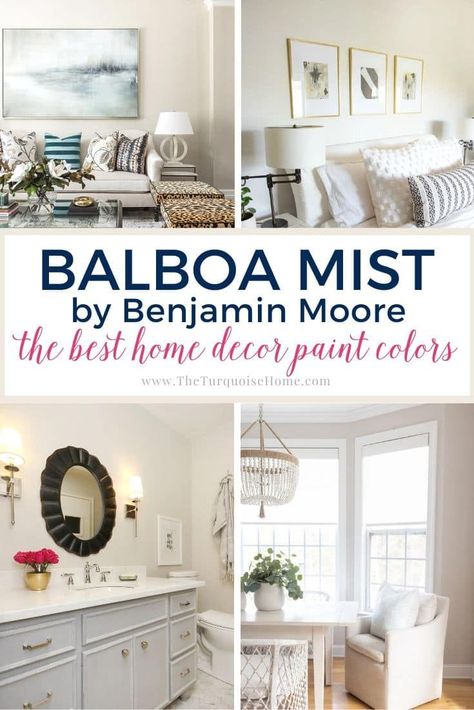 For today’s color spotlight, we’re talking about how you can use Benjamin Moore Balboa Mist in your home. This warm gray can work in many different settings, from kitchen cabinets to your guest bedroom. Learn what you can expect should you grab a paint roller and a can of Balboa Mist paint color! Balboa Mist Coordinating Colors, Balboa Mist Benjamin Moore, Mist Paint Color, Benjamin Moore Balboa Mist, Color Spotlight, Sage Green Paint Color, Balboa Mist, Light Grey Paint Colors, Most Popular Paint Colors