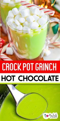 Hot Chocolate In The Classroom, Grinch Themed Movie Night Food, Grinch White Hot Chocolate, Hot Cocoa In Crock Pot, Colored Hot Chocolate, The Grinch Hot Chocolate, Grinch Hot Chocolate Crock Pot, Christmas Snacks Ideas For Kids, Xmas Party Food For Kids