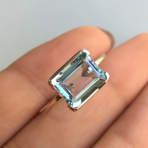 Emerald Cut Aquamarine Ring, White Gold Solitaire Engagement Ring, Emerald Cut Engagement Ring, Bezel Set Engagement Ring, Half Bezel, October Birthstone Rings, Blue Diamond Ring, White Gold Solitaire, Gold Solitaire Ring