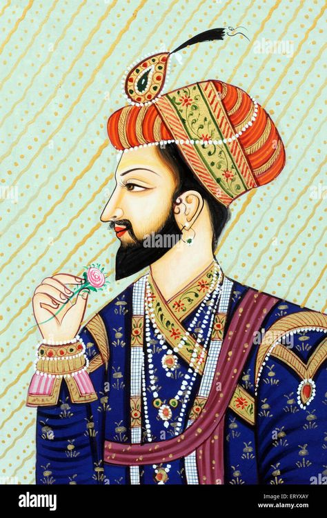 Download this stock image: Miniature painting of Mughal Emperor Shah Jahan - ERYXAY from Alamy's library of millions of high resolution stock photos, illustrations and vectors. Salasar Balaji, Rajasthani Miniature Paintings, Mughal Miniature Paintings, Rajasthani Painting, Mughal Emperor, Shah Jahan, Indian Traditional Paintings, Mughal Art Paintings, Rajasthani Art