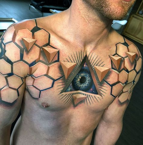 Most Amazing 3D Tattoos Which Will Make You Look Twice Tato 3d, Geometric Chest, Tatoo 3d, Amazing 3d Tattoos, 12 Tattoos, Optical Illusion Tattoo, Embroidery Tattoo, Beautiful Flower Tattoos, Tattoo Master