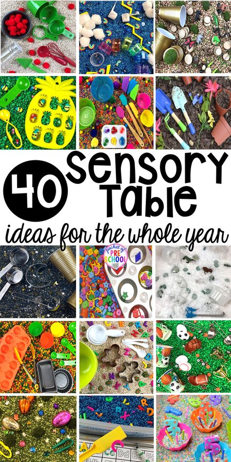 Sensory Table Ideas for the Year - Pocket of Preschool Prek Sensory Bin Ideas, Make Sensory Bins, Sensory Ideas For Kindergarten, A Year Of Sensory Bins, Sensory Bins For Classroom, Sensory Bins For Upper Elementary, Sensory Activities Kindergarten Play Ideas, Preschool All About Me Sensory Bin, Diy Rice Sensory Bin