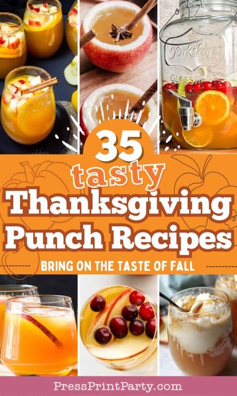 35 Thanksgiving punch recipes for a crowd - Alcoholic and non-alcoholic punch recipes for fall. Great for Thanksgiving dinner, a fall baby shower, or a fall bridal shower. Spice up any fall party with a tasty punch to please your guests. Make your holiday season even more festive with these easy Thanksgiving punch recipes! Perfect for entertaining your family and friends.- Press Print Party!. Punch Recipes Thanksgiving, Thanksgiving Punch Vodka Cocktail, Holiday Punch Non Alcoholic Thanksgiving, Warm Punch Recipes, Thanksgiving Drinks For A Crowd Nonalcoholic, Friendsgiving Punch Alcohol, Thanksgiving Punch Non Alcoholic Easy, Punch For Party, Punch For Thanksgiving