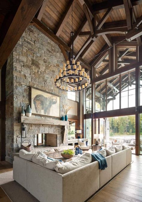 Absolutely gorgeous timber frame mountain chalet in British Columbia Chalet Living Room, Gray Interiors, Mountain Home Interiors, Cabin Living Room, Modern Rustic Living Room, Cabin Living, Timber Frame Homes, Rustic Living, Rustic Living Room