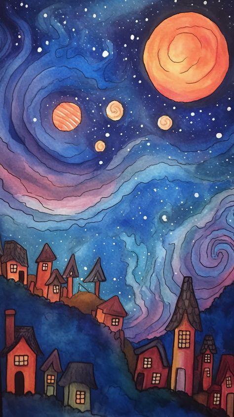 Surreal Whimsical Art, Whimsical Night Art, Whimsical Art Space, Space Landscape Art, Whimsical Art Paintings Bright Colors, Whimsical Digital Art, Magical Landscape Art, Watercolor Art Space, Drawing Planets Space