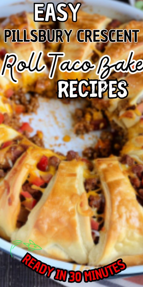 Easy Pillsbury Crescent Roll Taco Bake Crescent Roll Taco Bake Recipe, Taco Wreath Crescent Rolls, Beef Crescent Roll Recipes, Dessert Crescent Roll Recipes, Dinner Ideas With Crescent Rolls, Taco Ring With Crescent Rolls, Crescent Rolls Recipes, Crescent Roll Taco, Crescent Roll Taco Bake