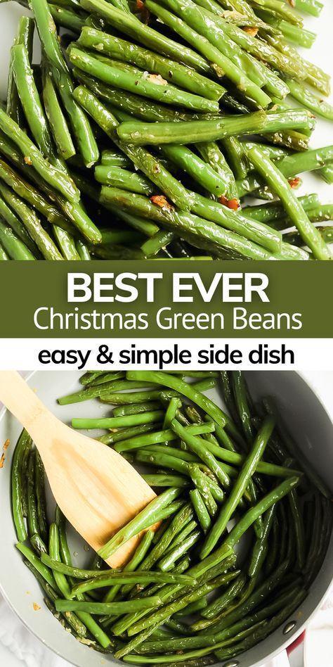 These healthy green beans with garlic are the best veggie side dish recipe for any meal! Fancy enough for holiday dinners and easy to make for busy weeknight dinners! Just 5 ingredients and done in only 15 minutes! You will love this unique green bean recipe for Christmas. Ideas For Green Beans, Green Bean Recipes Christmas, Easy Fresh Green Beans, Holiday Green Beans Recipes, Green Bean Christmas Recipe, Christmas Dinner Green Beans, Green Side Dishes For Christmas, Grandmas Green Bean, Stovetop Green Bean Recipes