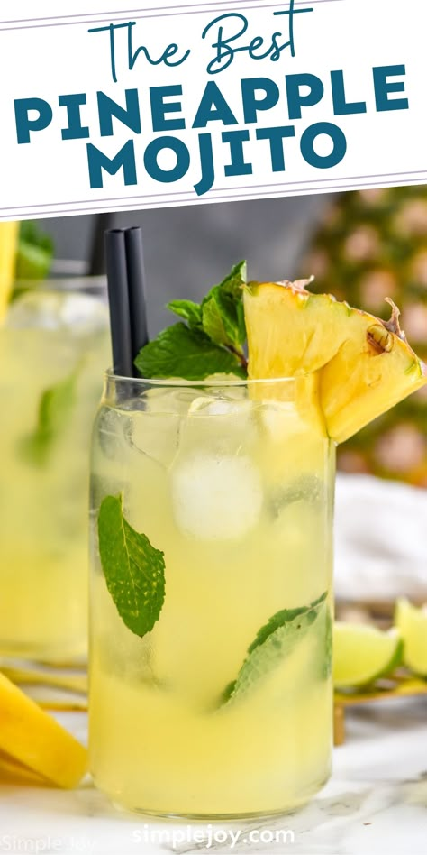 This Pineapple Mojito is the perfect piña colada twist on one of our favorite cocktails. A few extra simple ingredients kicks this mojito up a notch and will make it your favorite too! Coconut Pineapple Mojito Recipe, Fresh Pineapple Drinks Alcohol, Mojito Punch For A Crowd, Malibu Mojito Recipe, Pineapple Mojito Mocktail, Cocktail With Pineapple, Pineapple Drinks Alcohol, Pineapple Alcohol Drinks, Group Drinks