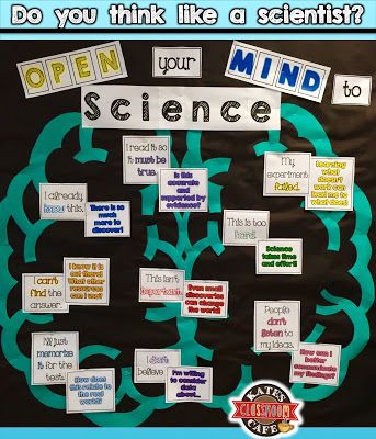 Science Mindset Bulletin Board I heard a "ting" during my most challenging class today and was reminded that I had yet to check my inbox. So, after the students scurried out the door,  I sat down to c Classroom Cafe, Mindset Bulletin Board, Science Lessons Middle School, Science Display, Science Bulletin Boards, Growth Mindset Bulletin Board, Middle School Science Classroom, Science Room, Science Classroom Decorations