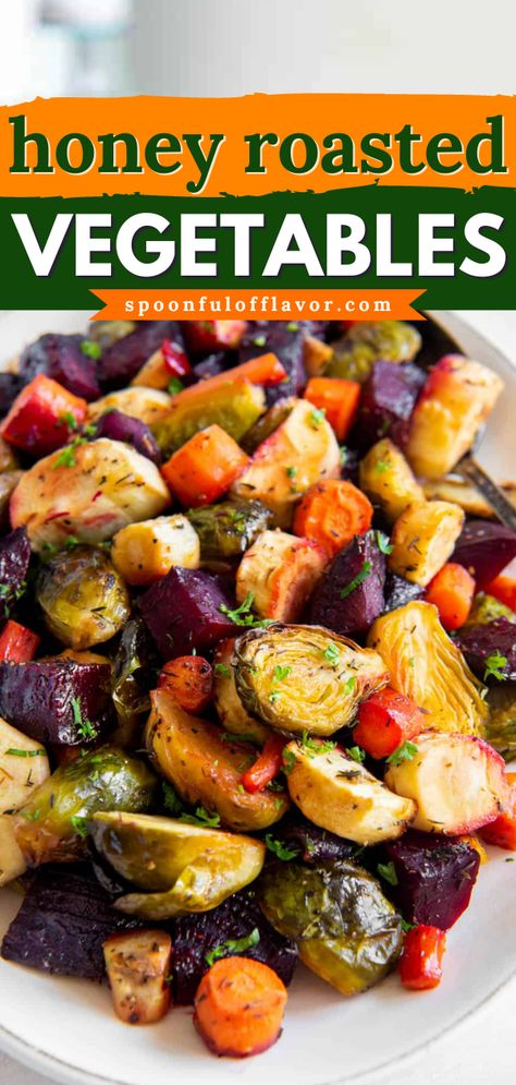 This honey roasted vegetables recipe is a simple side dish with subtle sweetness and delectable flavor that everyone will love! Honey Roasted Vegetables, Roasted Vegetables Thanksgiving, Best Roasted Vegetables, Roasted Vegetables Recipe, Roasted Fall Vegetables, Root Vegetables Recipes, Glazed Vegetables, Roasted Veggies In Oven, Roasting Vegetables