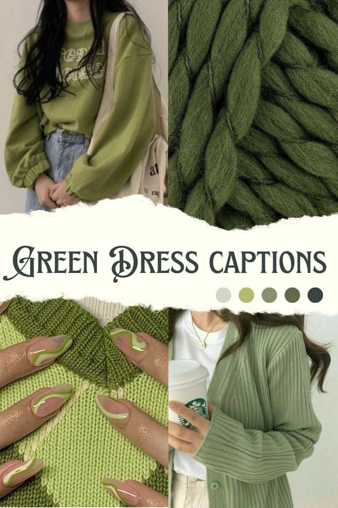 green color , green dress, green outfit, green color captions, green outfit captions, navratri colors Green Outfit Captions, Green Captions For Instagram, Green Color Quotes, Green Dress Aesthetic, All Green Outfit, Outfit Captions, Dress Captions, Dress Quotes, Engagement Photo Outfits Fall