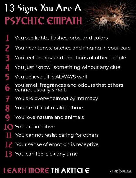 Often people confuse psychic empathy with the basic human emotion of empathy. If you want to be sure that you are a psychic empath then look out for these signs #empathy #psychic Psychic Empath, Empath Traits, Psychic Development Learning, Empath Abilities, The Minds Journal, Intuitive Empath, Spiritual Psychology, Spiritual Awakening Signs, Minds Journal