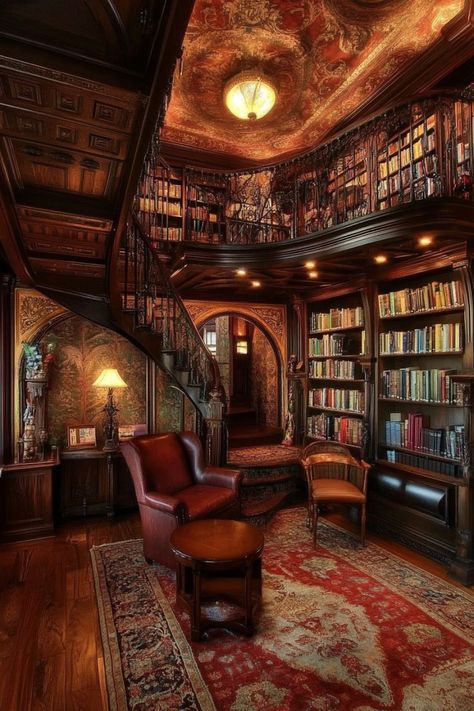 Create a Timeless Retreat with Classic Home Libraries 📚✨ Design a cozy and elegant home library with classic decor. Use rich wood, vintage furniture, and plenty of books for a sophisticated reading nook. 🌿🕰️ #HomeLibrary #HomeDecor #ClassicStyle #ReadingNook Classic Home Library, Classic Home Library Design, Libraries In Houses, Gothic Victorian House, Dream Home Library, Open Living Room Design, Home Library Rooms, Cozy Library, Library Room