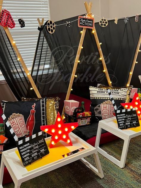 Double digits with these super fun 10th birthday party ideas! Movie Theme Slumber Party, Teepee Movie Night, Slumber Party Movie Night, Movie Night Teepee Party, Movie Theme Sleepover Ideas, A Night At The Movies Theme, Boys Movie Night Birthday Party, Movie Slumber Party Ideas, Movie Night Birthday Party Decorations