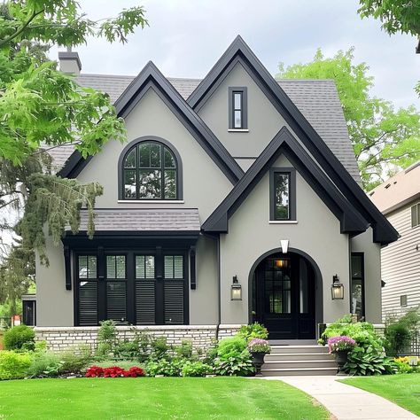 gray_house_with_black_trim 14 House Colors Exterior White And Black, Simple Home Exterior, Gray House With Black Trim, Black Trim Exterior House, Gray Houses, Black Windows Exterior, Wm Logo, Gray House Exterior, Architecture Styles