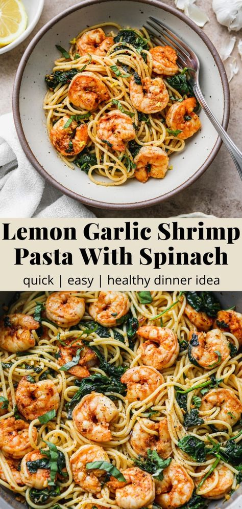 Lemon Garlic Shrimp Pasta With Spinach | Walder Wellness, RD Shrimp And Spinach Recipes, Spinach Pasta Recipes, Lemon Garlic Shrimp Pasta, Pasta With Spinach, Garlic Shrimp Pasta, Lemon Garlic Shrimp, Shrimp Recipes Healthy, Shrimp Recipes For Dinner, Easy Weeknight Dinner