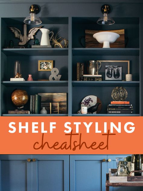 Decorating A Built In Bookshelf, How To Decorate A Shelving Unit, How To Decorate Entertainment Shelves, Decorate Bookshelf, How To Decorate Built In Bookshelves, Dark Shelf Decor Living Room, How To Arrange A Bookshelf Bookcase Styling, Built In Shelving Decor, Decor For Bookshelves