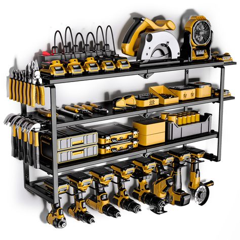 PRICES MAY VARY. Upgraded tool storage with power strip: Power tool organizer with charging station, comes with 6 outlets, Very convenient for charging your tool batteries. which can keep rechargeable tools organized in the work area and save your bench space. 50ft 14AWG power cord included,output: 125V/15A/1875W Extra Large 8 Drill Holders and 4 Layers High Capacity Design: This wall-mounted power tool storage features a 4-layer high-capacity design. You can hang at least 8 power drills, impact Wall Tool Organizer, Power Tool Organizer, Power Tool Storage, Drill Holder, Garage Tool Organization, Shed Organization, Utility Shelves, Tool Room, Tool Rack