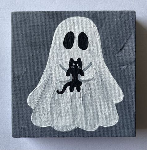 Painting With 3 Colors, Some Paintings For Beginners, Ghosts Doing Things Drawing, Canava Paintings Ideas, Halloween Painting Inspo Easy, Paint Night Ideas Halloween, Halloween Painting On Black Canvas, 2 Part Canvas Painting, Halloween Cat Painting Easy