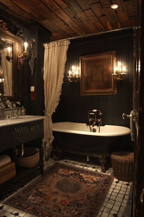 Dark Boho Bathroom Ideas, Moody Boho Bathroom, Dark Boho Bathroom, Dark Academia Bathroom, Dark Bathroom, Dark Boho, Casa Vintage, Dark Home Decor, Dark Home