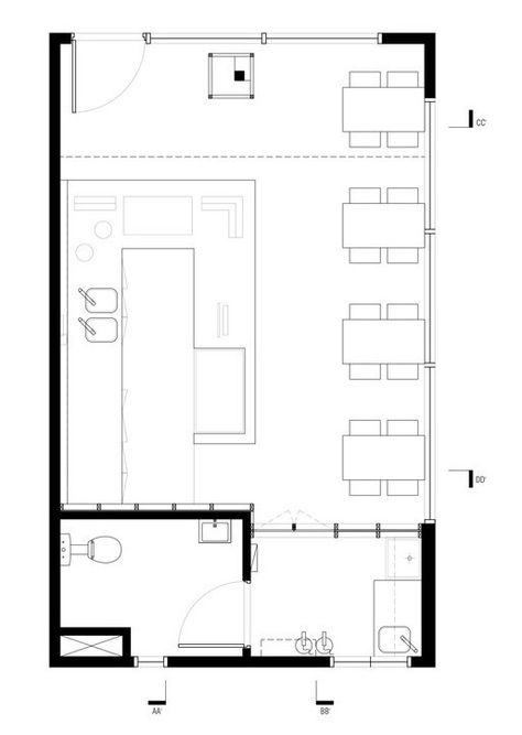 Gallery of Small Cafe Designs: 20 Aspirational Examples in Plan & Section  - 34 Small Cafe Plan, Small Cafe Floor Plan, Coffee Shop Layout, Small Coffee Shop Design, Cafe Floor Plan, Cafe Plan, Restaurant Floor Plan, Cafe Designs, Cafeteria Design