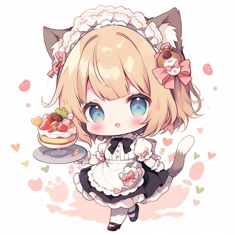 Chibi cute girl cat with maid uniform Chibi Maid Outfit, Chibi With Cat, Cat Maid Anime, Chibi Ninja, Chibi Pngtuber, Happy Girls Day, Girl Chibi, Chibi Body, Chibi Cat