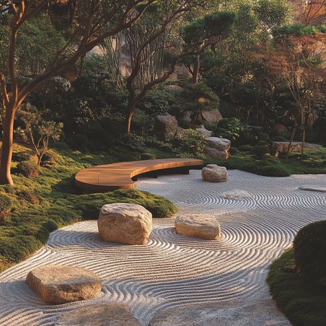 Create a peaceful retreat with a Japanese-inspired Zen garden. Featuring raked gravel, carefully placed rocks, and a tranquil water feature, this minimalist design offers the perfect setting for mindful meditation and contemplation. #ZenGarden #MindfulLiving #JapaneseAesthetics #OutdoorSerenity Zen Garden Entrance, Zen Garden Meditation Space, Japanese Garden Rocks, Dry Zen Garden, Japanese Pebble Garden, Zen Garden Bench, Meditation Garden Design, Zen Garden Japan, Courtyard Zen Garden