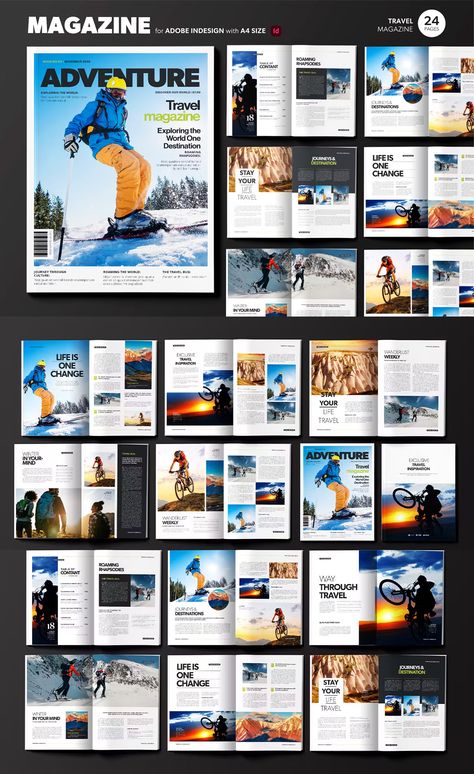 Travel Magazine Template InDesign INDD Magazine Travel Design, Travel Magazine Cover Design, Magazine Layout Design Creative, Traveling Magazine, Magazine Template Layout, Layout Design Magazine, Travel Magazine Cover, Digital Magazine Design, Travel Magazine Design