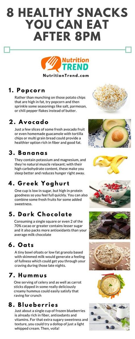 8 Healthy Snacks To Eat After 8PM {Infographic} - Best Infographics Healthy Late Night Snacks, Different Foods, Trening Fitness, Makanan Diet, Late Night Snacks, God Mat, Night Snacks, Diet Vegetarian, Quick Healthy