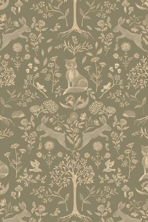 Nursery Decor Forest Animal Wallpaper, Woodland Animal Wallpaper, Magical Nursery, Olive Green Wallpaper, Olive Green Background, Wallpaper Forest, Soft Olive Green, Wallpaper In Blue, Kindergarten Wallpaper