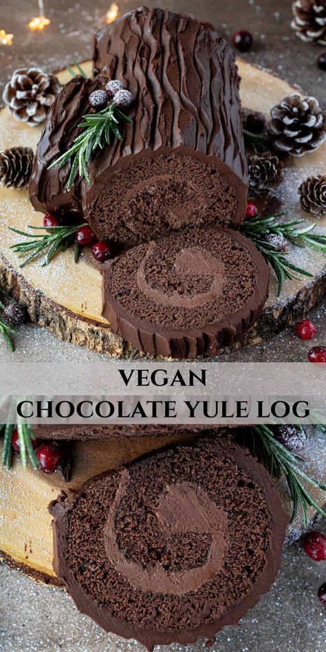 Vegan chocolate yule log - this delicious vegan chocolate swiss roll cake is a real show stopper for Christmas! With a delicate chocolate sponge cake, chocolate buttercream filling and rich chocolate ganache icing this cake is a chocaholics dream! Vegan Yule Log, Vegan Xmas, Christmas Yule Log, Chocolate Log, Vegan Christmas Dinner, Chocolate Yule Log, Yule Log Cake, Vegan Holiday Recipes, Vegan Baking Recipes