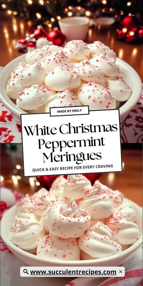 Add a touch of elegance to your Christmas dessert lineup with these White Christmas Peppermint Meringues. Light as snowflakes with a cool peppermint flavor, they’re a perfect sweet treat for holiday celebrations. Meringue Christmas Trees Recipe, Peppermint Creme Brulee, Christmas Baking White Chocolate, Peppermint Meringues Recipe, Candy Cane Meringue Cookies, Merengue Cookies Peppermint, Christmas Meringues Cookies, Christmas Sweets To Make, White Peppermint Bark