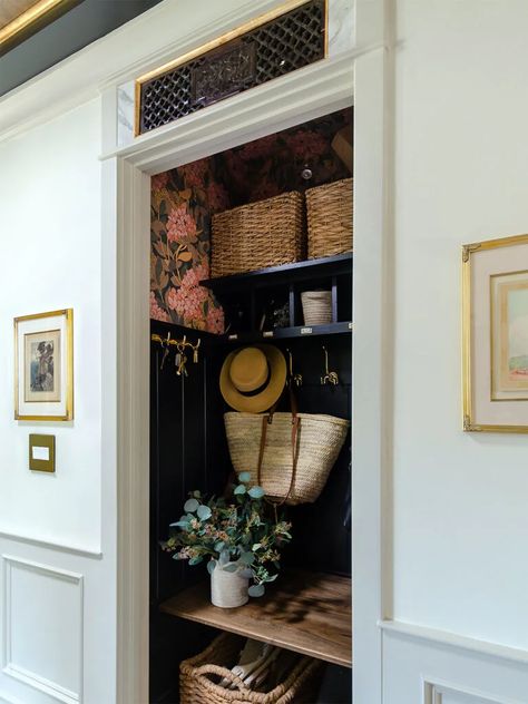 Boho Home Organization, Hallway Cupboard Ideas, Wallpaper Coat Closet, Coat Storage Entryway, Vestibule Ideas Entryway, Closet Mudroom Entryway, Mud Closet, 1925 Bungalow, Upholstered Window Seat