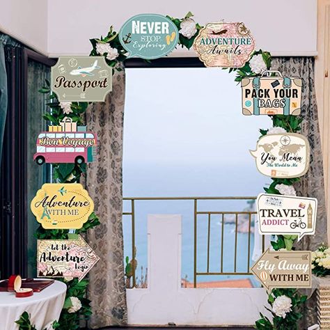 Amazon.com: Let the Adventure Begin Sign Travel Cutouts Bon Voyage Banner Adventure Signs Party Supplies Door Sign Travel Themed Birthday Party Wall Decoration Signs 10 Counts : Home & Kitchen Travel Themed Birthday Party, Bon Voyage Banner, Travel Party Decorations, Farewell Party Decorations, Vintage Travel Party, Airport Theme, Travel Theme Decor, Bon Voyage Party, Around The World Theme