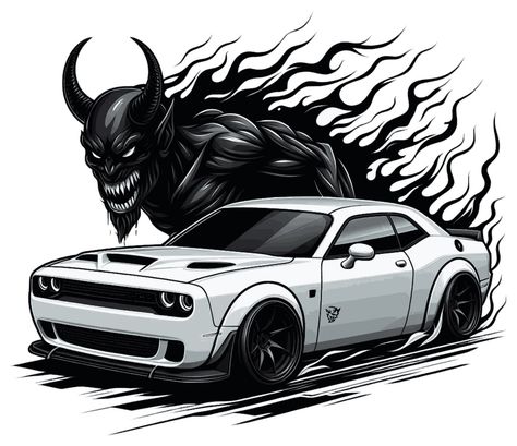 White Dodge Demon With Real Demon Figure Doge Challenger Demon, Dodge Challenger Art, Dodge Demon Wallpaper 4k, Hellcat Drawing, Doge Challenger, Challenger Demon, Demon Car, Cars On The Road, Cartoon Car Drawing