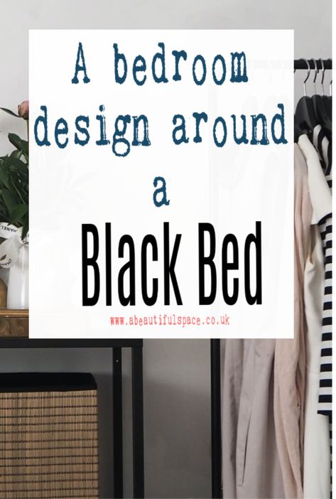 Designing a bedroom around a black bed with r as afocla point in the bedroom or as part of the design...what to consider and what compliments a black metal or black wood bed. Interior design tips to help you make a black bed shine. #blackbedroom #blackbed #bedroomdesign  #abeautifulspace Black Bedding Styling, Black Bed With Accent Wall, Black Headboard With Wood Nightstands, Guest Bedroom With Black Headboard, Bedroom Inspirations With Black Bed, Black Wooden Bed Frame Decor, Black King Bed Master Bedrooms, Style Black Bed Frame, Black Bed Bedroom Ideas Head Boards