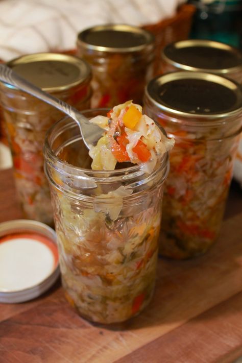 Dixie Relish | Cabbage, Pepper, Onions | Water Bath Canning Cabbage Relish Recipes, Canning Cabbage Recipes Water Bath, Pickled Cabbage Canning, Canning Cabbage Soup, Pepper Cabbage Recipe, Canning Cabbage Recipes, Preserve Cabbage, Carrot Relish, Cabbage Relish