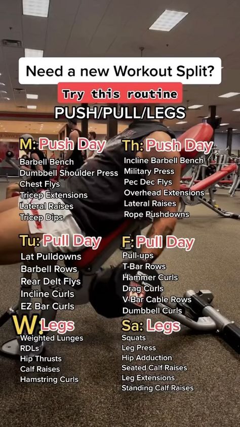 Men’s Exercises, Twice A Day Workout Plan, Work Out Splits For Women, Easy Push Day Workout, Leg Split Workout, Ppl Workout Routine Men, Pull Push Leg Workout, Pull Exercises Gym, Pull Push Workout Plan