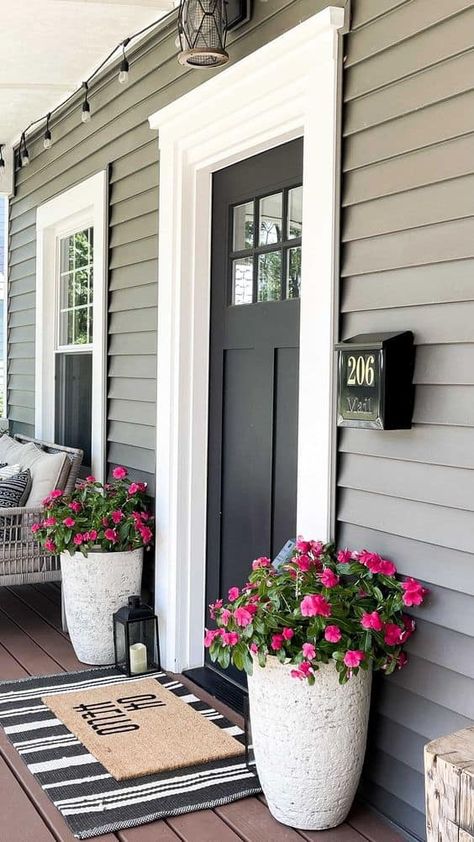 Outside Front Door Entryway Ideas Modern, Side Porch Ideas, Front Porch Ideas Summer, Front Door Plants, Front Door Planters, Veranda Design, Small Porch Decorating, Front Porch Plants, Front Porch Furniture