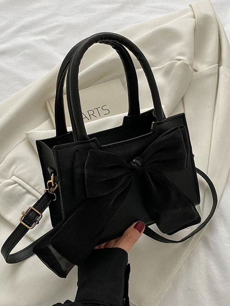 Mini Bow Decor Double Handle Square Bag | SHEIN USA Black Preppy, Gothic Bag, Trendy Bows, Bow Purse, My Style Bags, Mini Bow, White Shoulder Bag, Girly Bags, Bow Decor