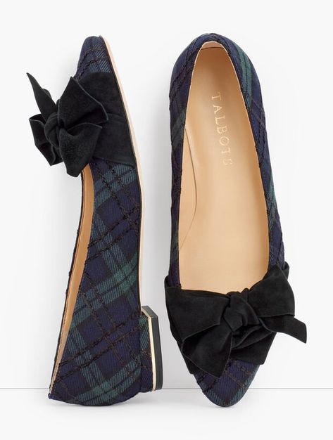 Shop Talbots for modern classic women's styles. You'll be a standout in our Edison Wrapped Bow Flats - Black Watch Plaid - only at Talbots! Black Watch Plaid, Simple Work Outfits, Accessories Closet, Tights Outfits, Preppy Fall Outfits, Bow Mules, Winter Tights, Extra Petite, Black Watch Tartan