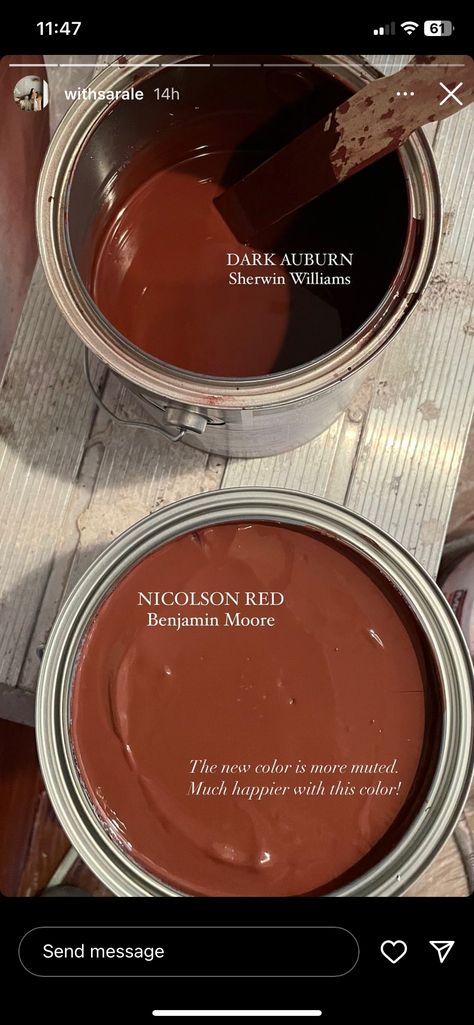 Seminole Brown Benjamin Moore, Rust Kitchen Walls, Reddish Brown Paint, Cinnamon Wall Color, Reddened Earth Sherwin Williams Bedroom, Sherwin Williams Reddened Earth, Best Rust Paint Colors, Sherwin Williams Dark Auburn, Arresting Auburn Sherwin Williams