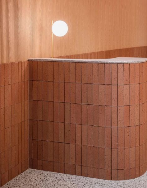 Scandinavian Japanese Interior, Tambour Wood, Brick Cafe, Panels For Walls, Sound Room, Brick Cladding, Joinery Design, Veneer Panels, Counter Design