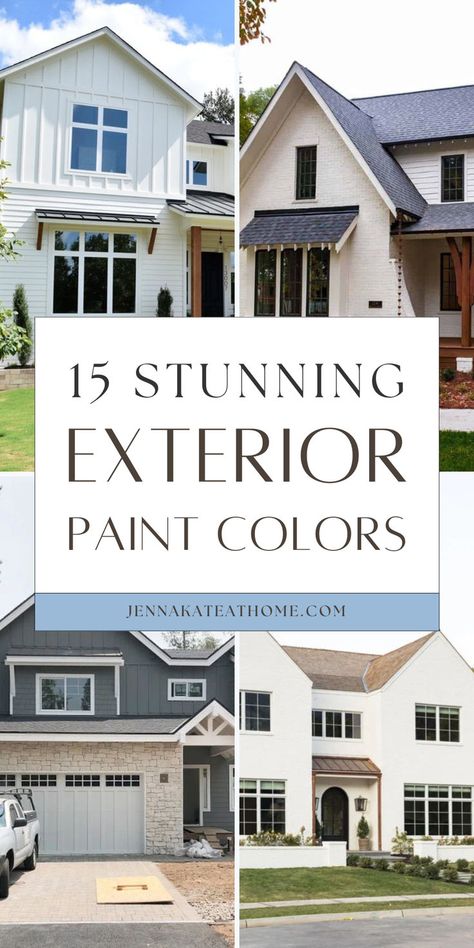 Elevate your home's curb appeal with the perfect exterior paint colors for your house. Whether you're looking for light or dark hues, our round up showcases stunning house paint colors from Sherwin Williams and Benjamin Moore. You don't have to stick to a simple white or taupe, explore a variety of shades! Light House Exterior Colors, Two Story House Colors Exterior, Colors For Exterior Of House Paint, 2 Story House Exterior Paint Ideas, Paint Colors For Outside Of House, Popular Outdoor Paint Colors For House, Exterior Paint Colors For House India, Light Colored Exterior Homes, Outdoor Home Paint Colors Ideas